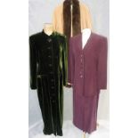 PATSY SEDDON: A FULL LENGTH GREEN VELVET EVENING COAT, a camel and fur trimmed day coat and a