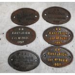 RAILWAY INTEREST; A COLLECTION OF SIX VINTAGE CAST IRON B.R. CARRIAGE/WAGON PLATES, "EASTLEIGH"