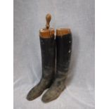 GENTLEMAN'S VINTAGE BLACK LEATHER RIDING BOOTS, with wooden trees, 'Bartley & Sons Bootmakers',