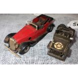 MINIC TOYS; A RED OPEN TOP SPORTS CAR (working) and an American Jeep (2) circa 1940s