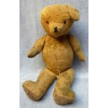 A LARGE VINTAGE PLUSH TEDDY BEAR with jointed limbs and head and growler, 29.5" high (approx), he