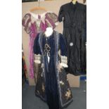 THEATRICAL INTEREST: 17TH CENTURY STYLE NAVY BLUE VELVET DRESS, another similar in purple and gold