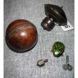 A SMALL TINPLATE CLOCKWORK FROG (with key) a tinplate top, a brass spinner and a Vintage leather