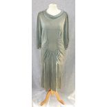 A SILVER/PALE BLUE LUREX SHORT EVENING DRESS, with rouched detail waistline and threequarter