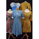 A COLLECTION OF VINTAGE CLOTHING including a cotton summer dress decorated throughout with red