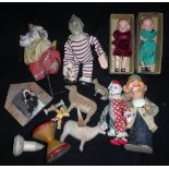 A SMALL 1930S DOLL, with a red velvet dress, Vintage clowns and similar period toys