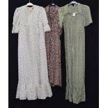 VAN ALLAN: A FULL LENGTH GREEN DAY DRESS, with short sleeves and frilled hemline and two other