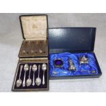 A SET OF SIX SILVER COFFEE SPOONS, with coffee bean handles in a fitted presentation case, six other