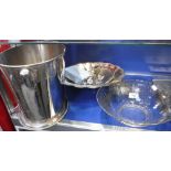 A SILVER PLATED ICE BUCKET, 24 cm high a quantity of silver plate and sundries