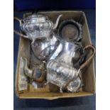 A PAIR SILVER PLATED WINE COASTERS and other plated items
