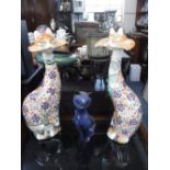 A PAIR OF CINQUE PORTS POTTERY, RYE, HAND PAINTED CATS, 53 cm high and a blue glazed pottery cat (