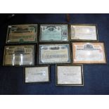 A COLLECTION OF RAILWAY SHARE CERTIFICATES, three Scottish and five USA, all framed