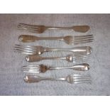 THREE SILVER DINNER FORKS and three silver dessert forks (c.341gms) (6)