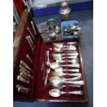 QUANTITY OF SILVER-PLATED CUTLERY, a cocktail shaker and other plated items