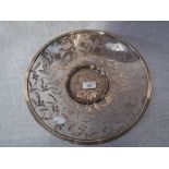 A 1930S CIRCULAR GLASS DISH, with overlaid silver floral decoration, 33 cm dia.