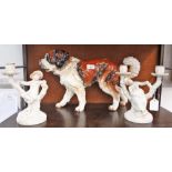 A GOEBEL "ST BERNARD" DOG, 11" high (approx) x 18" long and a pair of Royal Worcester blush ivory