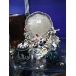 A VICTORIAN STYLE SILVER PLATED SALVER, two Staffordshire figures, Continental figures, a Medina