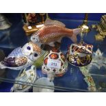 A ROYAL CROWN DERBY FIGURE OF A CARP, an owl, a tortoise and a frog (4)