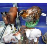 A STAFFORDSHIRE PORCELANEOUS INK-STAND IN THE FORM OF A QUAIL, a Beswick horse and a pair of cow