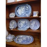 A COLLECTION OF BLUE AND WHITE WILLOW PATTERN MEAT PLATES and similar ceramics