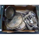 TWO EDWARDIAN SILVER-PLATED DRINKS TRAYS and a quantity of silver-plated items