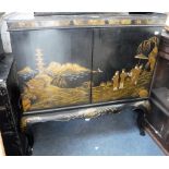 A 1930'S JAPANNED CABINET with chinoiserie decoration (with later electric Garrard turntable)