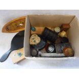 AN EBONISED MIRROR AND HAND BRUSH, Treen, coins and sundries