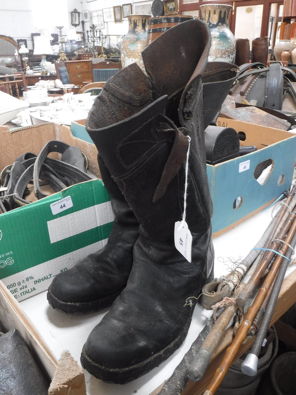 A PAIR OF BLACK LEATHER SNAKE PROOF BOOTS made in Cyprus