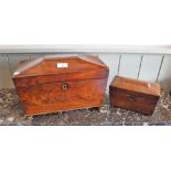 A 19TH CENTURY MAHOGANY SARCOPHAGUS TEA CADDY and a smaller example