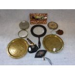 A MAGNIFYING GLASS with wooden frame and turned wooden handle and a collection of sundries