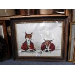 AN EARLY 20TH CENTURY WATERCOLOUR, depicting two foxes dressed in hunting coats, dining together,