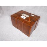 A 19TH CENTURY YEW TEA CADDY, with an inlaid mother of pearl plaque 18 cm wide