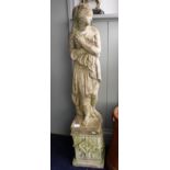 A COMPOSITE STONE FIGURE OF A LADY STATUE on a pedestal base, 112 cms high