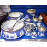 A COLLECTION OF BLUE WEDGWOOD JASPER WARE, including two salad bowls with plated rims, all have