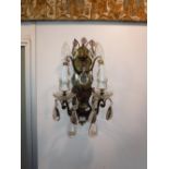 A PAIR OF BRASS WALL LIGHTS with glass droplets