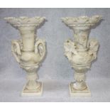 A PAIR OF VICTORIAN ALABASTER VASES, 41 cm high