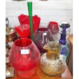 A BLUE GLASS DECANTER and a collection of decorative glassware