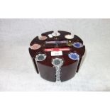 GAMING COUNTERS and two packs of poker cards in a fitted round wooden revolving case