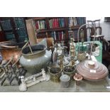 A MILITARY BRASS SHELL and a collection of brass and copper items including Victorian fire tool
