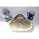 A ROYAL DOULTON TANKARD, a Majolica plate decorated with a fox and a glazed ceramic bookend