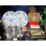 A COLLECTION OF CUT-GLASS DRINKING GLASSES and vintage tins