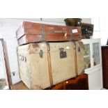 A VINTAGE WOODEN BOUND CABIN TRUNK with leather corners and a large Vintage leather suitcase (2)