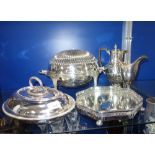 A SILVER PLATED BREAKFAST DISH and similar plated items