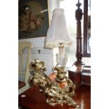 A PAIR OF BRASS CANDLE SCONCES and an alabaster table lamp