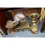 A BRASS TRIVET, saucepans and metalware