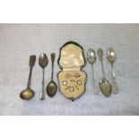A COLLECTION OF SILVER AND WHITE METAL TEASPOONS and a cased set of gentleman's dress studs