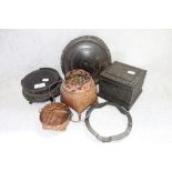 A CARVED INDIAN HARDWOOD TEA CADDY, two Chinese wooden stands and a woven basket