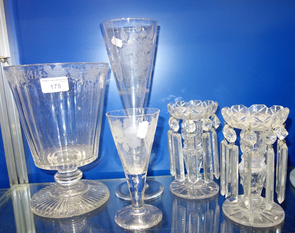 A PAIR OF 19TH CENTURY CUT GLASS LUSTRES, two tall etched glasses and a large engraved glass "This