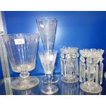 A PAIR OF 19TH CENTURY CUT GLASS LUSTRES, two tall etched glasses and a large engraved glass "This