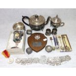 A SILVER PLATED TEAPOT and a collection of sundries